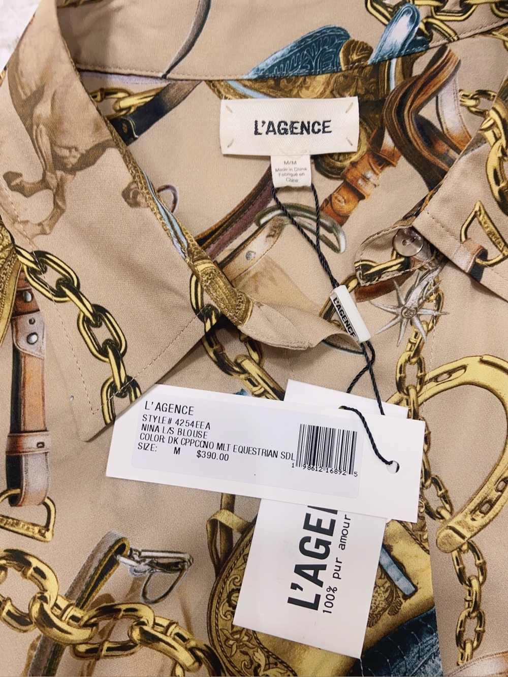 NWT L'AGENCE Nina Silk Blouse in Dark Cappuccino Multi Equestrian Saddle - Picture 8 of 8